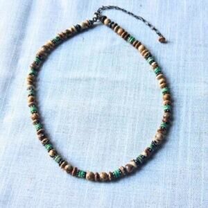 Sterling Silver Jasper Beaded Necklace Green Brown Stone 925